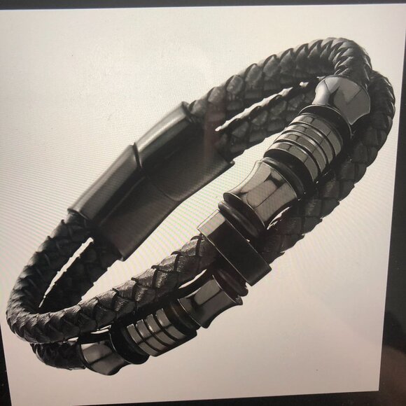 Mens Bracelet Double Row Black Braided Leather Black Stainless Steel Closure Sz - Picture 7 of 10